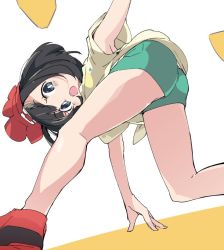  1girl ass beanie black_hair blue_eyes creatures_(company) from_side game_freak green_shorts hat ixy looking_at_viewer nintendo open_mouth pokemon pokemon_sm red_hat selene_(pokemon) short_hair short_sleeves shorts solo z-move  rating:Sensitive score:15 user:danbooru