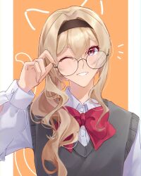  1girl adjusting_eyewear alternate_hairstyle animal_ears arm_at_side bespectacled black-framed_eyewear black_hairband blonde_hair bow bowtie buttons cat_ears cat_tail collared_shirt commentary drawn_ears drawn_tail fingernails glasses grey_sweater_vest grin hair_between_eyes hair_intakes hairband hand_up highres light_blush long_sleeves looking_at_viewer low_ponytail notice_lines one_eye_closed orange_background outside_border parted_lips pillarboxed pink_eyes raven_(rnzraven) red_bow red_bowtie round_eyewear saijou_claudine school_uniform shirt shoujo_kageki_revue_starlight side_ponytail sidelocks simple_background smile solo sweater_vest tail upper_body wavy_hair white_shirt 