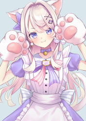 1girl :3 alternate_costume animal_ears animal_hands apron bell blue_background blush bow cat_brooch cat_ears cat_paws cat_tail choker closed_mouth colored_inner_hair diamond_(shape) diamond_hair_ornament dress earrings frilled_apron frills gloves hair_bow hair_intakes hair_ornament hairclip highres indie_virtual_youtuber jewelry light_brown_hair long_hair looking_at_viewer multicolored_hair neck_bell paw_gloves pink_gloves pink_hair pink_ribbon pink_tail pom_pom_(clothes) pom_pom_earrings purple_bow purple_choker purple_dress purple_eyes purple_ribbon regimiruku ribbon short_sleeves simple_background smile solo striped_ribbon swept_bangs tail v-shaped_eyebrows virtual_youtuber watagashi_unou white_apron x x_hair_ornament