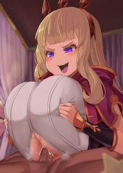  1boy 1girl absurdres alternate_breast_size blonde_hair blush breasts bursting_breasts cagliostro_(granblue_fantasy) clothed_female_nude_male cum cum_on_body cum_on_breasts cum_on_upper_body evil_smile facominn femdom granblue_fantasy head_out_of_frame highres huge_breasts nude paizuri paizuri_under_clothes purple_eyes sidelocks smile underboob  rating:Explicit score:135 user:tetonasiwabner7