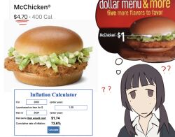  1girl :| ? ?? artist_self-insert bad_id bad_twitter_id black_jacket blunt_bangs brown_eyes brown_hair burger chicken_(food) closed_mouth collared_shirt confused empty_eyes english_text female_focus flat_color food half-closed_eyes hitsuji_(hitsujigoods) hitsuji_(hitsujigoods)_(character) jacket lettuce mcdonald&#039;s medium_hair open_clothes open_jacket photo_inset remembering shirt sidelocks solo thought_bubble twintails upper_body white_background white_shirt  rating:General score:2 user:AngryZapdos