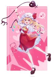  1girl :d arm_ribbon arm_up ascot belt black_footwear blonde_hair blush border bow colored_eyelashes commentary_request crossed_bangs crystal diamond_(gemstone) double-parted_bangs fang flandre_scarlet floating_hair frilled_ascot frilled_skirt frills full_body hair_between_eyes happy hat hat_bow heart high-waist_skirt highres holding holding_weapon laevatein_(touhou) long_hair looking_at_viewer mary_janes mob_cap musical_note notice_lines open_mouth outstretched_arms outstretched_hand pink_background puffy_short_sleeves puffy_sleeves red_belt red_bow red_eyes red_ribbon red_skirt red_vest ribbon sa_sizuku shirt shoes short_sleeves side_ponytail simple_background skirt smile socks solo speech_bubble spoken_musical_note standing standing_on_one_leg touhou vest weapon white_border white_hat white_shirt white_socks wings yellow_ascot 