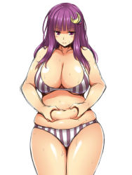 1girl bare_shoulders belly_grab breasts cleavage crescent crescent_hair_ornament female_focus hair_ornament hairclip kuimono large_breasts long_hair love_handles mikemono_yuu navel patchouli_knowledge plump purple_eyes purple_hair simple_background solo striped sweat thick_thighs thighs touhou vertical_stripes weight_conscious white_background rating:Sensitive score:95 user:danbooru