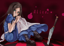 1girl alice:_madness_returns alice_(alice_in_wonderland) alice_in_wonderland alice_liddell_(american_mcgee&#039;s_alice) american_mcgee&#039;s_alice american_mcgee's_alice black_hair blood dress female_focus full_body gradient_background green_eyes jasminetee knife long_hair mary_janes pantyhose shoes sitting solo striped_clothes striped_pantyhose vorpal_blade