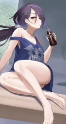  1girl arm_behind_back arm_support ass azur_lane bare_legs bare_shoulders blue_dress blush bottle breasts cassin_(azur_lane) cassin_(retrofit)_(azur_lane) crossed_legs dress expressionless full_body hair_ornament hairclip hand_up heterochromia highres holding holding_bottle kotto-koto long_hair mole mole_under_eye open_mouth oxy-cola_(azur_lane) parted_lips ponytail print_dress purple_hair red_eyes sitting sleeveless sleeveless_dress small_breasts solo strap_slip thighs upskirt very_long_hair yellow_eyes 