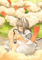  1girl akai_sashimi animal animal_ears apron arm_rest blush braid braided_ponytail cable cat_ears cat_girl cat_tail closed_eyes closed_mouth collared_dress dress electric_razor eyelashes facing_to_the_side facing_viewer fluffy food from_side full_body grass grey_dress grey_hair hair_clipper highres holding long_hair maid_apron mat original outdoors oversized_animal oversized_food oversized_object puffy_short_sleeves puffy_sleeves shaved_body shaving shearing short_sleeves shrimp shrimp_tempura signature single_braid sitting sleeve_cuffs solo tail tempura thick_eyebrows u_u what white_apron wing_collar wool  rating:General score:3 user:danbooru