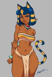  1girl animal_crossing animal_ears ankha_(animal_crossing) arms_behind_back bare_shoulders black_eyes black_hair blanclauz blonde_hair blue_eyeshadow blue_nails blunt_bangs bob_cut bracelet breasts brown_lips cat_ears cat_tail chel_(the_road_to_el_dorado) clenched_hand commentary contrapposto dark-skinned_female dark_skin earrings egyptian egyptian_clothes english_commentary eyeliner eyeshadow fingernails fusion grey_background headdress highres holding_own_arm hoop_earrings jewelry lips loincloth looking_at_viewer makeup medium_breasts midriff multicolored_hair nail_polish narrow_waist navel neck_ring nintendo nose sharp_fingernails short_hair signature solo strapless striped_tail tail the_road_to_el_dorado thighs tube_top two-tone_hair wide_hips  rating:Sensitive score:458 user:danbooru