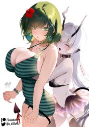  2girls :o bikini black_bikini black_collar blush breast_lift breasts closed_eyes collar commission copyright_request covered_navel demon_girl demon_horns demon_tail earrings flower grabbing grabbing_another&#039;s_breast grabbing_from_behind green_eyes green_hair green_nails green_one-piece_swimsuit grey_hair hair_flower hair_ornament hibiscus highres horns jewelry large_breasts long_hair medium_breasts multiple_girls navel necklace old-fashioned_swimsuit one-piece_swimsuit paid_reward_available pointy_ears ribbon short_hair smile spiked_collar spikes strap_gap swimsuit tail tail_ornament tail_ribbon tail_wrap twitter_username very_long_hair white_background x_hair_ornament yuri zasshu 