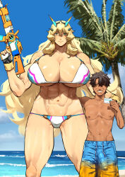  1boy 1girl abs bare_shoulders barghest_(fate) barghest_(swimsuit_archer)_(fate) barghest_(swimsuit_archer)_(final_ascension)_(fate) beach biceps bikini blonde_hair blue_shorts blue_sky blush breasts brown_hair bulge cleavage collarbone erection erection_under_clothes fate/grand_order fate_(series) fingerless_gloves gloves green_eyes gun height_difference highres horns huge_breasts long_hair looking_at_viewer multicolored_bikini multicolored_clothes muscular muscular_female navel nimuno_(munimuni) palm_tree shore short_hair shorts sky swimsuit tall_female taller_female tan thick_thighs thighs tree v variant_set weapon white_bikini yellow_gloves 