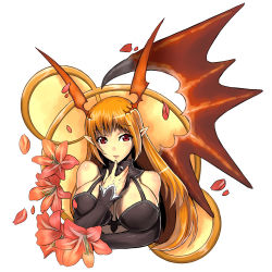  1girl bare_shoulders breasts demon_girl detached_sleeves female_focus flower jonylaser large_breasts long_hair looking_at_viewer lord_of_vermilion orange_hair plant pointy_ears red_eyes single_wing solo demon_girl succubus_(lord_of_vermilion) white_background wings  rating:Sensitive score:11 user:yourgrey