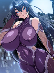  1girl black_hair blue_eyes blush bodysuit breasts covered_erect_nipples huge_breasts igawa_asagi impossible_bodysuit impossible_clothes night night_sky nipples nishida_megane purple_bodysuit skin_tight sky taimanin_(series) taimanin_suit  rating:Questionable score:78 user:danbooru