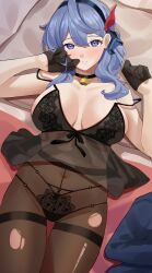 1girl absurdres ako_(blue_archive) bed bed_sheet bell black_bra black_pantyhose blue_archive blue_eyes blue_hair bra breasts choker copyright_request haerge headband highres large_breasts lingerie long_hair lying neck_bell on_bed pantyhose solo underwear rating:Sensitive score:26 user:danbooru
