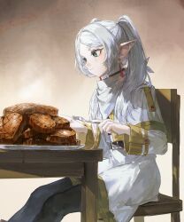  1girl belt bib black_pantyhose capelet chair closed_mouth commentary earrings food fork frieren from_side green_eyes grey_hair highres holding holding_fork jewelry long_hair long_sleeves napkin pantyhose plate pointy_ears quasarcake simple_background sitting skirt solo sousou_no_frieren steak steam symbol-only_commentary table too_much_food twintails white_capelet white_skirt 