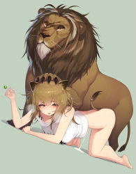 1girl animal_ears arknights barefoot bestiality blouse bottomless cum cum_in_pussy cum_pool eyelashes feet green_background highres lion messy_hair pepper0 sex sex_from_behind shirt siege_(arknights) simple_background tagme white_shirt rating:Explicit score:620 user:DoctorWasabi