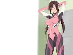 1girl arms_behind_head arms_up blue_eyes bodysuit breasts brown_hair cleft_of_venus cottage glasses highres large_breasts long_hair makinami_mari_illustrious neon_genesis_evangelion open_mouth pink_bodysuit plugsuit smile solo tagme rating:Questionable score:13 user:UltraPerv88