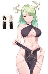 1girl absurdres alternate_costume antlers bare_shoulders braid breasts ceres_fauna commentary criss-cross_halter english_commentary green_hair halterneck highres hololive hololive_english horns large_breasts long_hair midriff namiorii navel parted_lips revealing_clothes simple_background solo virtual_youtuber white_background yellow_eyes  rating:Sensitive score:44 user:danbooru