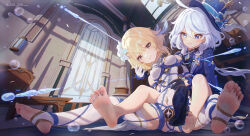 2girls black_gloves blonde_hair blue_eyes blue_hair blue_headwear blue_jacket blue_pupils breasts chinese_commentary closed_mouth commentary_request feet full_body furina_(genshin_impact) genshin_impact gloves half_gloves hat heterochromia highres icecake indoors jacket long_sleeves lumine_(genshin_impact) medium_breasts medium_hair mismatched_pupils multicolored_hair multiple_girls paid_reward_available purple_eyes purple_pupils shibari shoes sitting soles stirrup_legwear streaked_hair thighhighs toeless_legwear toes top_hat unworn_shoes white_gloves white_hair white_thighhighs yellow_eyes yuri rating:Sensitive score:63 user:danbooru