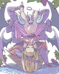  1boy 1girl animal blonde_hair blush breasts clothes_grab colored_skin cunnilingus demon demon_boy demon_horns demon_wings extra_arms flower food fruit giant_snake grabbing grabbing_another&#039;s_breast grapes green_eyes groping hair_flower hair_ornament hair_rings halo hetero horns interspecies large_breasts leg_grab lifting_person long_hair meimei_(p&amp;d) monster monster_boy multiple_arms multiple_limbs multiple_wings muscular navel nipples open_mouth oral oversized_animal partially_undressed pubic_hair purple_skin pussy puzzle_&amp;_dragons restrained saliva satan_(p&amp;d) shaking simple_background size_difference smile snake sweat trembling turtle_shell uncensored upside-down waero white_background wings x_x  rating:Explicit score:101 user:danbooru