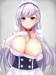 1girl areola_slip azur_lane belfast_(azur_lane) blue_eyes blush breasts collar collarbone dress gloves highres large_breasts long_hair looking_at_viewer maid_headdress parted_lips silver_hair smile sogaya solo upper_body white_dress white_gloves rating:Questionable score:48 user:danbooru