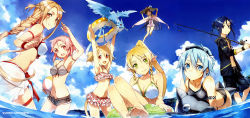  10s 1boy 6+girls :d absurdres all_fours animal_ears arm_strap armpits arms_up asuna_(sao) barefoot bikini bikini_skirt black_bikini black_hair black_male_swimwear black_swim_trunks blonde_hair blue_eyes blue_hair blue_skin braid breasts brown_eyes brown_hair bunbun cat_ears cat_tail choker cleavage cloud colored_skin cutoffs day diving_mask dragon fairy feet fish fishing_rod floral_print folded_ponytail french_braid frilled_bikini frills goggles goggles_on_head green_eyes hair_between_eyes hair_ornament hairclip hat hibiscus_print high_ponytail highres huge_filesize inflatable_dolphin inflatable_toy innertube kirito kirito_(sao-ggo) leafa lisbeth_(sao) long_hair long_legs looking_at_viewer looking_back male_swimwear medium_breasts mini_person minigirl multiple_girls multiple_tails navel ocean one-piece_swimsuit open_fly open_mouth outdoors parted_bangs pina_(sao) pink_eyes pink_hair pointy_ears print_bikini print_swimsuit red_eyes sarong see-through_sarong short_hair short_shorts shorts silica silica_(sao-alo) sinon sky small_breasts smile striped_bikini striped_clothes swim_ring swim_trunks swimsuit sword_art_online tail tankini thighs toes twin_braids two_tails unzipped very_long_hair wading water watermark white_bikini white_one-piece_swimsuit yui_(sao) yui_(sao-alo)  rating:Sensitive score:64 user:spiderfan