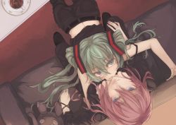 2girls against_wall aqua_hair aqua_nails belt blue_eyes couch cup drink female_focus from_above genyaky green_eyes hair_between_eyes hatsune_miku imminent_kiss indoors kneeling long_hair long_sleeves looking_at_viewer looking_up megurine_luka midriff multiple_girls nail_polish open_mouth pants pink_nails sitting smile strap_slip stuffed_animal stuffed_toy table teacup twintails vocaloid yuri rating:Sensitive score:50 user:danbooru