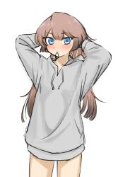  1girl absurdres alternate_costume alternate_hairstyle arms_behind_head blue_eyes brown_hair drawstring dress grey_dress grey_sweater hair_down highres kantai_collection kazagumo_(kancolle) long_hair mouth_hold simple_background solo sweater sweater_dress tsuru_(thunder_tsuru) white_background 