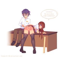  1boy 1girl ass cherrys-12 desk figging ginger highres punishment ruler school_uniform spanking tagme 
