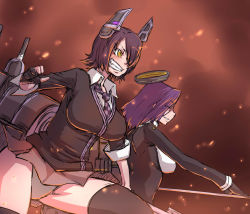  2girls bad_id bad_pixiv_id black_legwear breasts brown_eyes checkered_clothes checkered_neckwear gloves grin hair_over_one_eye halo kantai_collection large_breasts long_sleeves mechanical_halo multiple_girls necktie panties partially_fingerless_gloves purple_eyes purple_hair short_hair smile tatsuta_(kancolle) tenryuu_(kancolle) thighhighs underwear warumono_tomii 