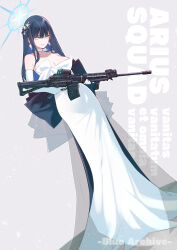  1girl absurdres assault_rifle back_bow bare_shoulders black_hair blue_archive blue_eyes bow breasts cleavage dress dutch_angle elbow_gloves full_body gloves gun halo highres holding holding_weapon kojima_takeshi large_breasts long_hair looking_at_viewer official_alternate_costume rifle saori_(blue_archive) saori_(dress)_(blue_archive) sig_516 sig_sauer solo standing weapon white_dress white_gloves  rating:Sensitive score:6 user:danbooru