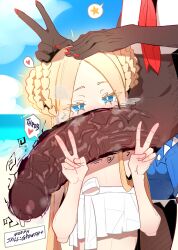  1boy 1girl abigail_williams_(fate) abigail_williams_(swimsuit_foreigner)_(fate) absurdres beach bikini blonde_hair blue_eyes blue_sky blush braid breath cloud collarbone dark-skinned_male dark_skin day double_v expressionless eyebrows eyelashes fate/grand_order fate_(series) fingernails flat_chest half-closed_eyes hand_on_another&#039;s_head hands_up hetero highres huge_penis imminent_fellatio interracial kurosu169 loli long_hair looking_at_viewer nail_polish naughty_face original penis penis_on_face penis_over_mouth precum red_nails sand size_difference sky solo_focus swimsuit trap twintails uncensored upper_body v veins veiny_penis very_dark_skin water white_bikini  rating:Explicit score:116 user:Only_Kemonomimi