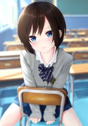  1girl bad_id bad_pixiv_id blue_eyes blue_skirt blurry blurry_background blush bow bowtie brown_hair cardigan chair classroom commentary_request depth_of_field desk grey_cardigan highres indoors long_sleeves looking_at_viewer mito_ichijyo original parted_lips pleated_skirt school school_chair school_desk school_uniform shirt short_hair sitting skirt sleeves_past_wrists solo v_arms white_shirt window 