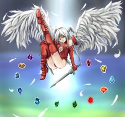  1girl angel_wings armor armored_boots ass boots breasts cleavage cleavage_cutout clothing_cutout crystal elbow_gloves feathers female_focus final_fantasy final_fantasy_tactics flying full_body gem gloves glowing grey_eyes grey_hair head_wings holding holding_sword holding_weapon leotard long_hair looking_at_viewer red_eyes red_gloves sidelocks smile solo sword thigh_boots thighhighs trick_(pixiv91098) ultima_(fft) underboob underboob_cutout weapon white_hair wings 