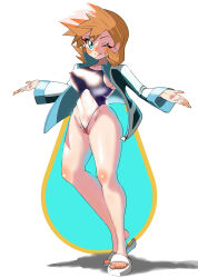  1girl alternate_breast_size aqua_eyes asymmetrical_hair bare_legs blue_jacket blush breasts cameltoe closed_mouth competition_swimsuit covered_erect_nipples covered_navel creatures_(company) curvy eyelashes feet female_focus full_body game_freak gen_1_pokemon gen_2_pokemon green_eyes groin gym_leader highleg highleg_swimsuit highres huge_breasts jacket large_breasts legs long_sleeves looking_at_viewer misty_(pokemon) navel nintendo nipples one-piece_swimsuit one_eye_closed open_clothes open_jacket orange_hair pokemon pokemon_gsc pokemon_hgss ponytail pussy raida_(fmuc5473) sandals short_hair simple_background smile solo sportswear standing swimsuit swimsuit_under_clothes thick_thighs thighs toes track_jacket white_background white_jacket white_one-piece_swimsuit wide_hips wink 