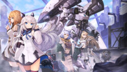 4girls animal_ears aqua_hair aqua_sky armor artist_request bare_shoulders belt belt_buckle belt_pouch black_collar black_gloves blonde_eyebrows blonde_hair blue_eyes blue_footwear blue_shorts bolt_(hardware) boots breasts brown_belt buckle buttons circle_print city city_lights closed_mouth cloud cloudy_sky coat collar collared_coat coral_(final_gear) cropped_hoodie detached_sleeves drawstring earrings evelyn_(final_gear) fake_animal_ears final_gear frown fur-trimmed_shorts fur_trim game_cg gloves gold_buckle green_coat green_eyes hair_between_eyes hair_ears hair_flaps hair_ornament half_updo high_ponytail highres holding holding_mallet hood hoodie jacket jewelry jpeg_artifacts kneehighs lamppost leg_belt leg_ribbon long_hair long_sleeves looking_at_viewer mallet margaret_(final_gear) mecha mechanical_hands mechanical_legs medium_breasts midriff multicolored_coat multiple_girls navel no_pants official_art open_mouth ponytail pouch puffy_coat puffy_collar red_hoodie ribbon robot round_eyewear short_hair short_shorts shorts shoulder_armor sidelocks sky socks standing striped_clothes striped_ribbon striped_socks stuffed_animal stuffed_toy thigh_ribbon third-party_source two-tone_bodysuit two-tone_coat two-tone_collar veronica_(final_gear) vertical-striped_clothes vertical-striped_socks very_long_hair white_coat white_collar white_hair white_jacket wide_sleeves yellow_hood zipper_pull_tab