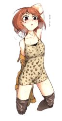 1girl :o alternate_breast_size animal_print annoyed arm_up armpits arms_behind_head bare_shoulders blush boots bottle breasts brown_eyes brown_hair cleavage dress full_body haruhisky head_tilt highres jacket kinuhata_saiai knee_boots leather leather_boots leopard_print medium_breasts short_dress short_hair solo steam stretching sweat thigh_boots thighhighs toaru_majutsu_no_index translated undressing water_bottle rating:Sensitive score:53 user:danbooru