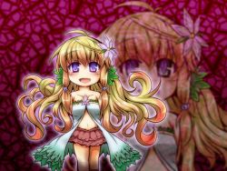  1girl :d ahoge arms_behind_back bare_shoulders blonde_hair blush collarbone duel_monster female_focus floating_hair flower gradient_hair hair_bobbles hair_flower hair_ornament kazuura_the_fascinating_fiend long_hair looking_at_viewer midriff multicolored_hair navel open_mouth orange_hair plant purple_eyes simple_background skirt smile solo sore_(whirlwind) standing traptrix_nepenthes yu-gi-oh! yu-gi-oh!_duel_monsters yuu-gi-ou zoom_layer 