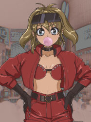 1girl absurdres armitage_iii belt black_choker black_gloves blonde_hair bra breasts chain chain_earrings chewing_gum choker cleavage eyewear_on_head gloves hands_on_own_hips highres jacket looking_at_viewer medium_breasts naomi_armitage open_clothes open_jacket red_jacket red_shorts retro_artstyle short_hair shorts signature solo stone_umbrella sunglasses underwear