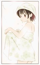 1girl black_hair border floral_print from_side looking_down naked_towel open_towel original print_towel red_eyes short_hair solo steam toshi_chihiro2 towel towel_on_head webp-to-png_conversion wet white_background white_border white_towel
