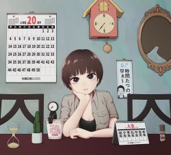  1girl analog_clock black_shirt breasts bright_pupils broken_mirror brown_eyes brown_hair brown_shirt cactus calendar_(object) chair clock collared_shirt commentary countdown_timer cuckoo_clock dress_shirt elbow_on_table elbow_rest head_rest hourglass looking_at_viewer medium_breasts mirror nissin_cup_noodle open_clothes open_shirt original partially_translated pendulum_clock sand shirt short_hair short_sleeves sitting table translation_request upturned_eyes white_pupils yajirushi_(chanoma) 