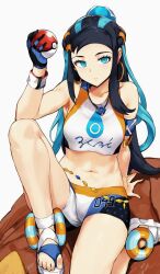  1girl alternate_skin_color aqua_eyes aqua_hair arm_support armband bare_legs bare_shoulders bikini black_hair breasts closed_mouth collarbone creatures_(company) earrings expressionless eyeshadow female_focus game_freak gloves gym_leader hair_ornament hews holding holding_poke_ball hoop_earrings jewelry looking_at_viewer makeup matching_hair/eyes midriff multicolored_hair multiple_earrings navel necklace nessa_(pokemon) nintendo parted_bangs poke_ball poke_ball_(basic) pokemon pokemon_swsh sandals sidelocks simple_background single_glove sitting small_breasts solo sports_bikini swimsuit tankini third-party_edit toes two-tone_hair white_background wristband 