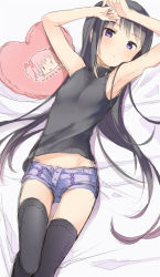  10s 1girl akemi_homura alternate_costume armpits bad_id bad_tumblr_id bed bed_sheet black_hair black_thighhighs casual character_name character_pillow character_print denim denim_shorts from_above kaname_madoka long_hair looking_at_viewer lying mahou_shoujo_madoka_magica mahou_shoujo_madoka_magica_(anime) mijinkouka on_back pillow purple_eyes shirt shorts sleeveless sleeveless_shirt solo thighhighs unbuttoned 