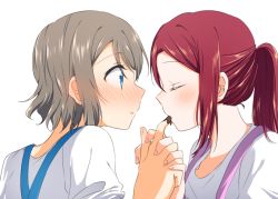 2girls alternate_hairstyle blush chocolate closed_eyes face-to-face facing_another finger_in_another&#039;s_mouth from_side holding_hands interlocked_fingers long_hair looking_at_another love_live! love_live!_sunshine!! multiple_girls ponytail profile red_hair sakurauchi_riko short_hair upper_body watanabe_you white_background yuchi_(salmon-1000) yuri rating:Sensitive score:3 user:danbooru
