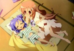  00s 10s 2girls absurdres blue_hair date_a_live drooling closed_eyes hand_fan feet futon glasses hand_on_own_cheek hand_on_own_face highres legs long_hair lucky_star lying miyakawa-ke_no_kuufuku miyakawa_hikage miyakawa_hinata multiple_girls non-web_source nyantype official_art on_back on_side open_mouth paper_fan pink_hair red_eyes sakamoto_kazuya scan siblings sisters striped uchiwa yatogami_tooka 