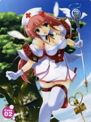 breasts cleavage gloves green_eyes hair_ornament hairpin hat highres large_breasts long_hair magical_girl nurse pink_hair red_hair solo staff thighhighs wings rating:Questionable score:5 user:danbooru