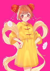  1girl alternate_hairstyle brown_hair bun_cover casual chinese_clothes closed_mouth commentary cowboy_shot delicious_party_precure double_bun dress food hair_bun hair_up hanamichi_ran hands_on_own_hips highres jj_(ssspulse) kamaboko long_sleeves looking_at_viewer medium_dress narutomaki noodles pink_background precure red_eyes short_hair simple_background smile solo standing yellow_dress 