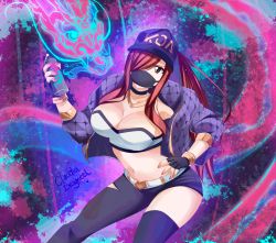  1girl breasts claudia_dragneel cleavage cosplay erza_scarlet fairy_tail fingerless_gloves gloves hat k/da_(league_of_legends) large_breasts league_of_legends long_hair midriff navel ponytail red_hair  rating:Questionable score:26 user:CeliaLover