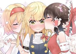  3girls alice_margatroid ascot blonde_hair blush bow braid brown_hair capelet chest_sarashi choker closed_eyes closed_mouth commentary detached_sleeves falling_petals flower frilled_bow frilled_hair_tubes frills hair_bow hair_tubes hairband hakurei_reimu hand_in_another&#039;s_hair heart highres holding_hands kirisame_marisa kiss kiss_day long_hair multiple_girls no_headwear nodoguro_(phi-tan) petals pink_flower pink_petals red_bow red_hairband ribbon-trimmed_sleeves ribbon_trim sarashi short_hair short_sleeves side_braid single_braid touhou white_capelet yellow_ascot yellow_eyes yuri 