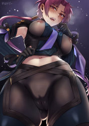  1girl armpit_cutout armpits artist_name bad_id bad_pixiv_id bazett_fraga_mcremitz black_bodysuit black_gloves black_pantyhose blush bodysuit breasts cameltoe clothing_cutout commentary covered_erect_nipples cowboy_shot ear_blush fate/grand_order fate/hollow_ataraxia fate_(series) from_below gloves gluteal_fold highres large_breasts long_hair looking_at_viewer low_ponytail manannan_mac_lir_(fate) manannan_mac_lir_(second_ascension)_(fate) mibry_(phrysm) midriff mole mole_under_eye navel necktie open_mouth pantyhose parted_bangs purple_hair purple_necktie sidelocks solo standing sweat teeth upper_teeth_only  rating:Questionable score:83 user:danbooru