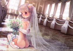  1girl ass blush bouquet bridal_gauntlets bridal_veil bride brown_hair censored church convenient_censoring dutch_angle earrings elbow_gloves female_focus flat_chest flower gloves hair_flower hair_ornament indoors iuro jewelry loli looking_back nude original pink_eyes reflection short_hair sitting smile solo thighhighs veil wariza wedding white_gloves white_hair white_thighhighs  rating:Questionable score:319 user:BlueBaroness