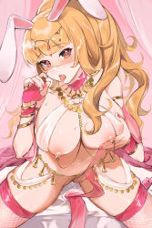  1girl animal_ears belly_chain blonde_hair blush breasts brown_eyes circlet female_pubic_hair halterneck highres jewelry large_breasts long_hair looking_at_viewer mouth_veil navel open_mouth original ponytail pubic_hair rabbit_ears sash solo tongue tongue_out veil yayako_(804907150) 